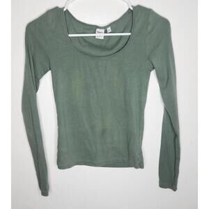 TNA Long Sleeve Shirt Womens Small Green Ribbed Cotton Stretch Basic Minimalist